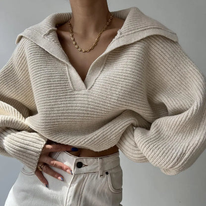 Spring And Autumn New Knitted Sweater Sweater Lapel Pullover Women's Top - Little Addiction