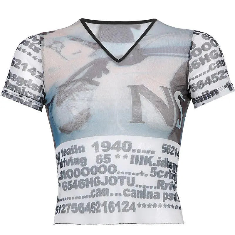 Women's Graphic and Print Mesh Short-Sleeved Top - Little Addiction