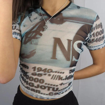 Women's Graphic and Print Mesh Short-Sleeved Top - Little Addiction