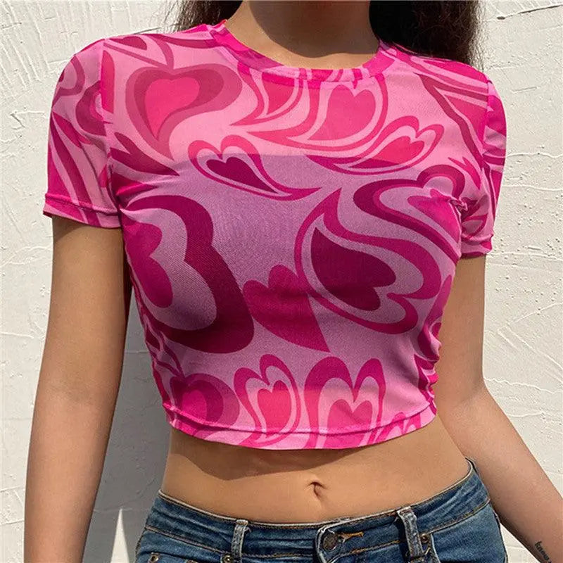 Women's Mesh Short Sleeve Top with Heart Print - Little Addiction