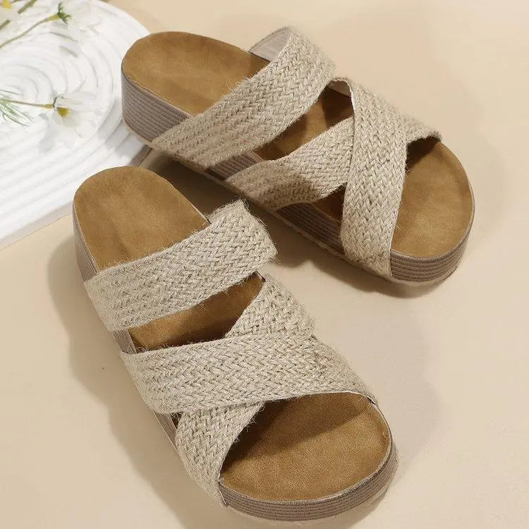 Woven Cross-strap Slippers Summer Platform Sandals Women Flat Beach Shoes - Little Addiction