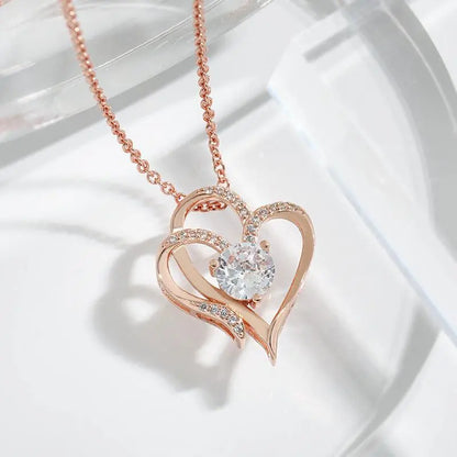 Zircon Double Love Necklace With Rhinestones Ins Personalized Heart-shaped Necklace Clavicle Chain Jewelry For Women Valentine's Day - Little Addiction